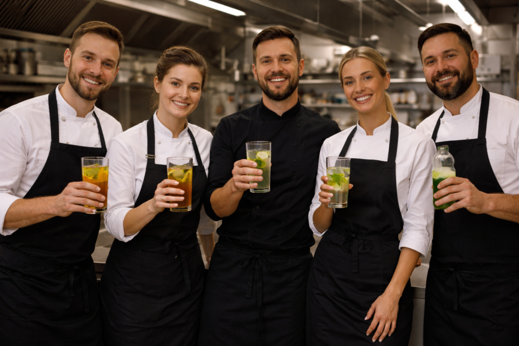 Mietkoch-Team in Deutschland beim gemeinsamen alkoholfreien Feierabendgetränk nach dem Kücheneinsatz.